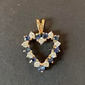 14K Gold Diamond and Blue Sapphire Heart Pendant